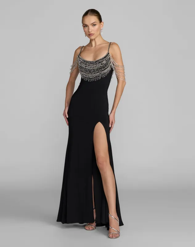 Black Beaded Jersey Scoop Back Gown with Slit made by Mac Duggal