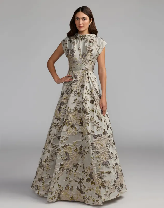 Silver Floral Brocade Cap Sleeve Ball Gown made by Mac Duggal
