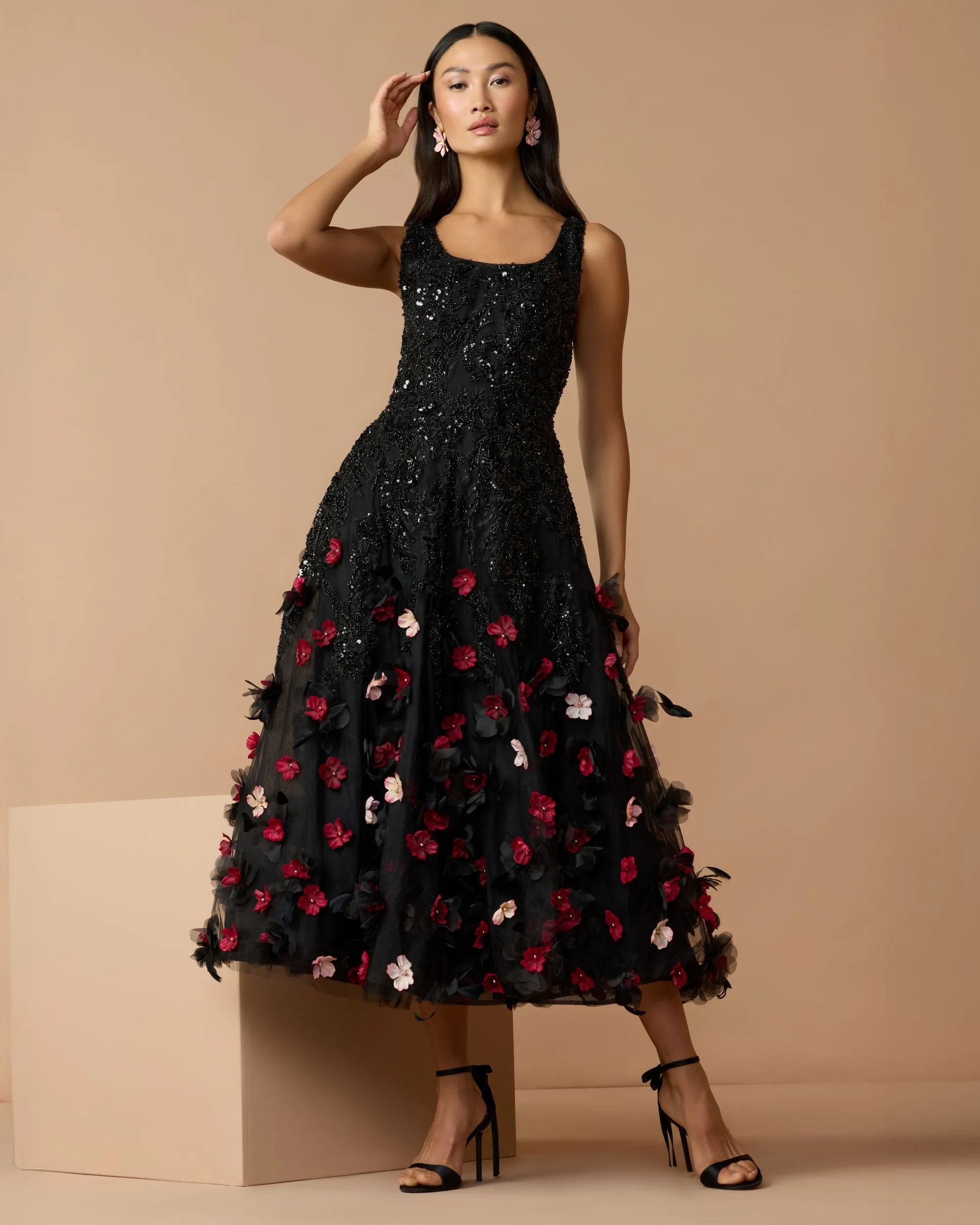 Petite Black Sleeveless Beaded Midi Dress With 3D Flowers sold by Mac Duggal