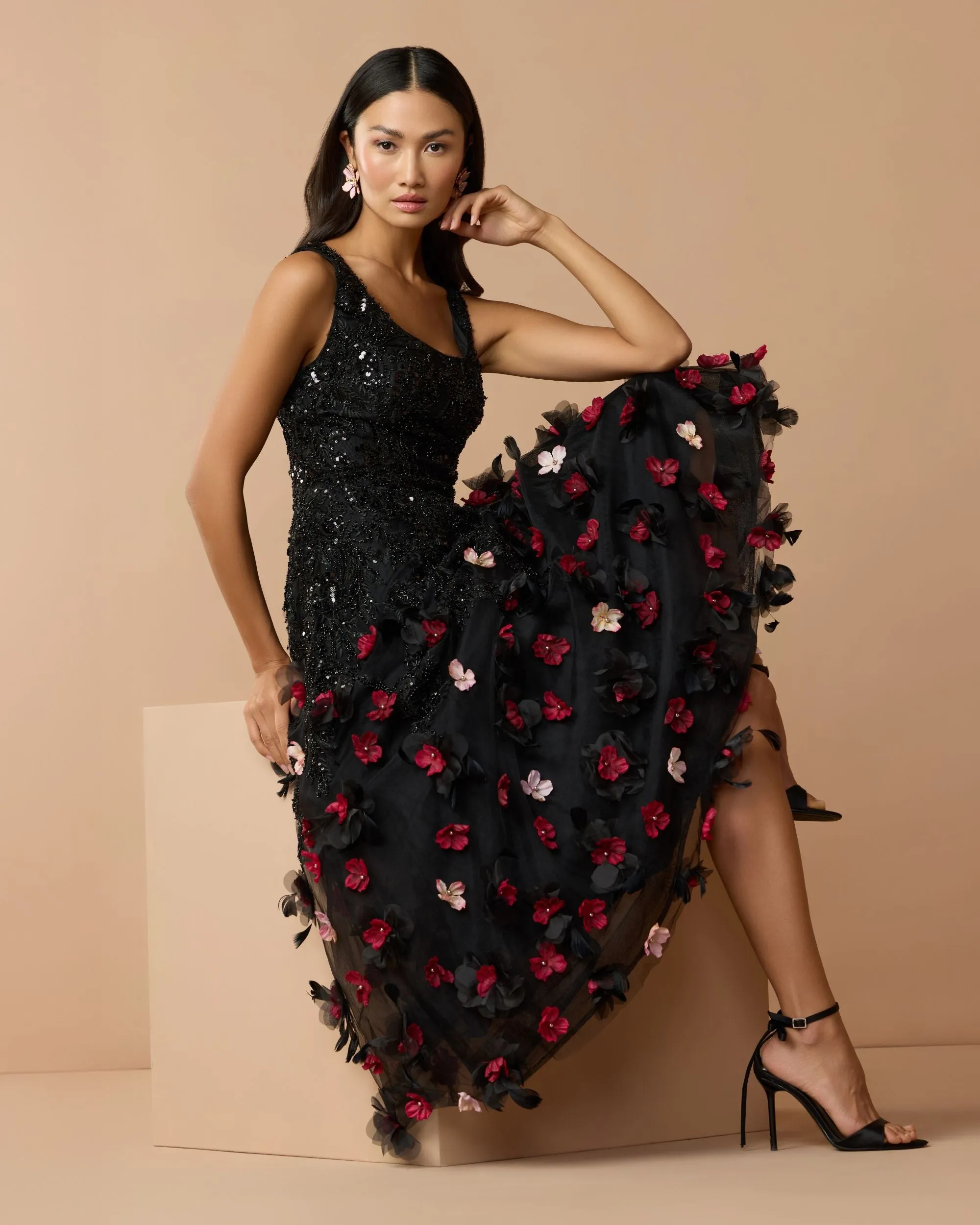 Petite Black Sleeveless Beaded Midi Dress With 3D Flowers sold by Mac Duggal product image thumbnail 2
