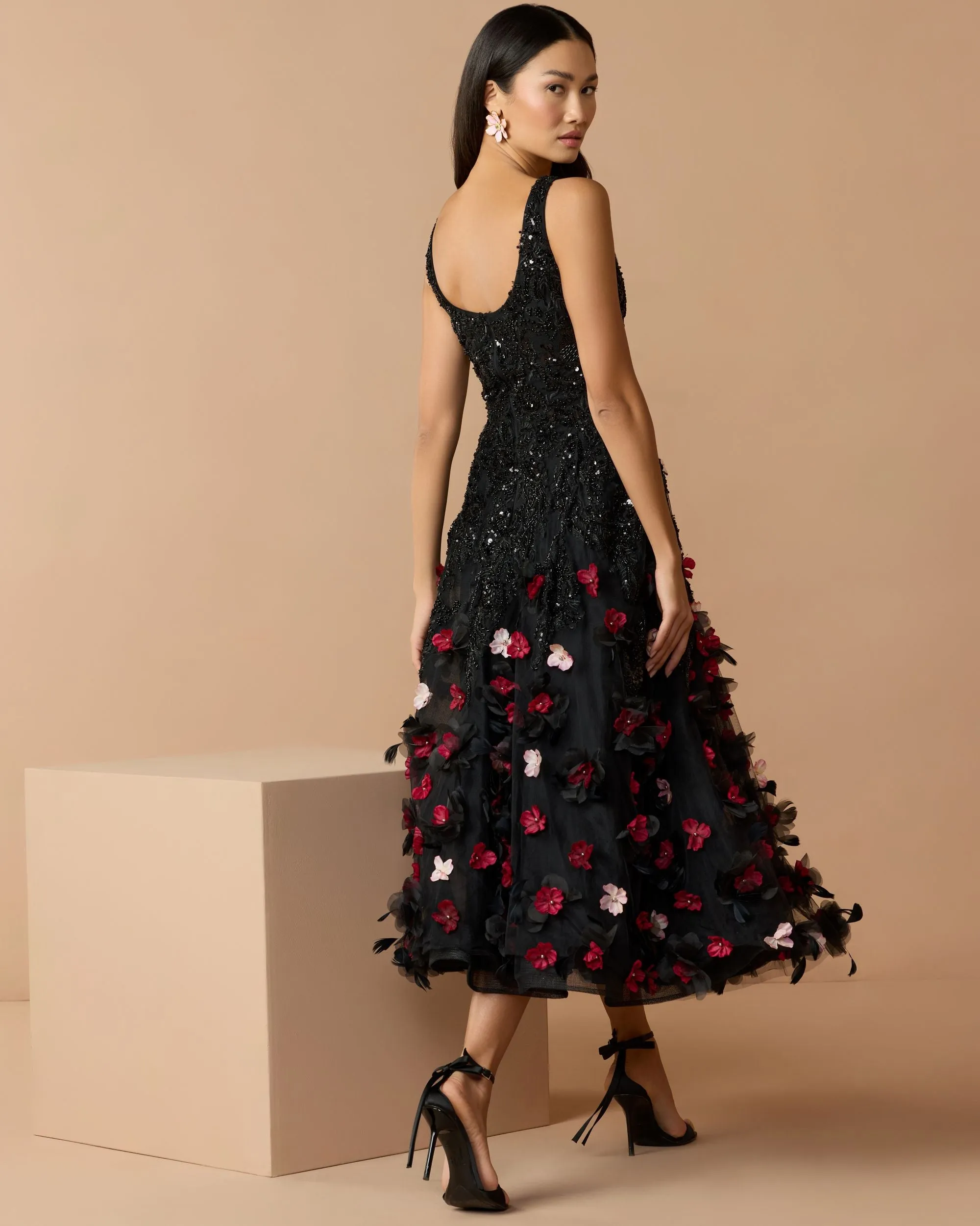 Petite Black Sleeveless Beaded Midi Dress With 3D Flowers sold by Mac Duggal product image thumbnail 3