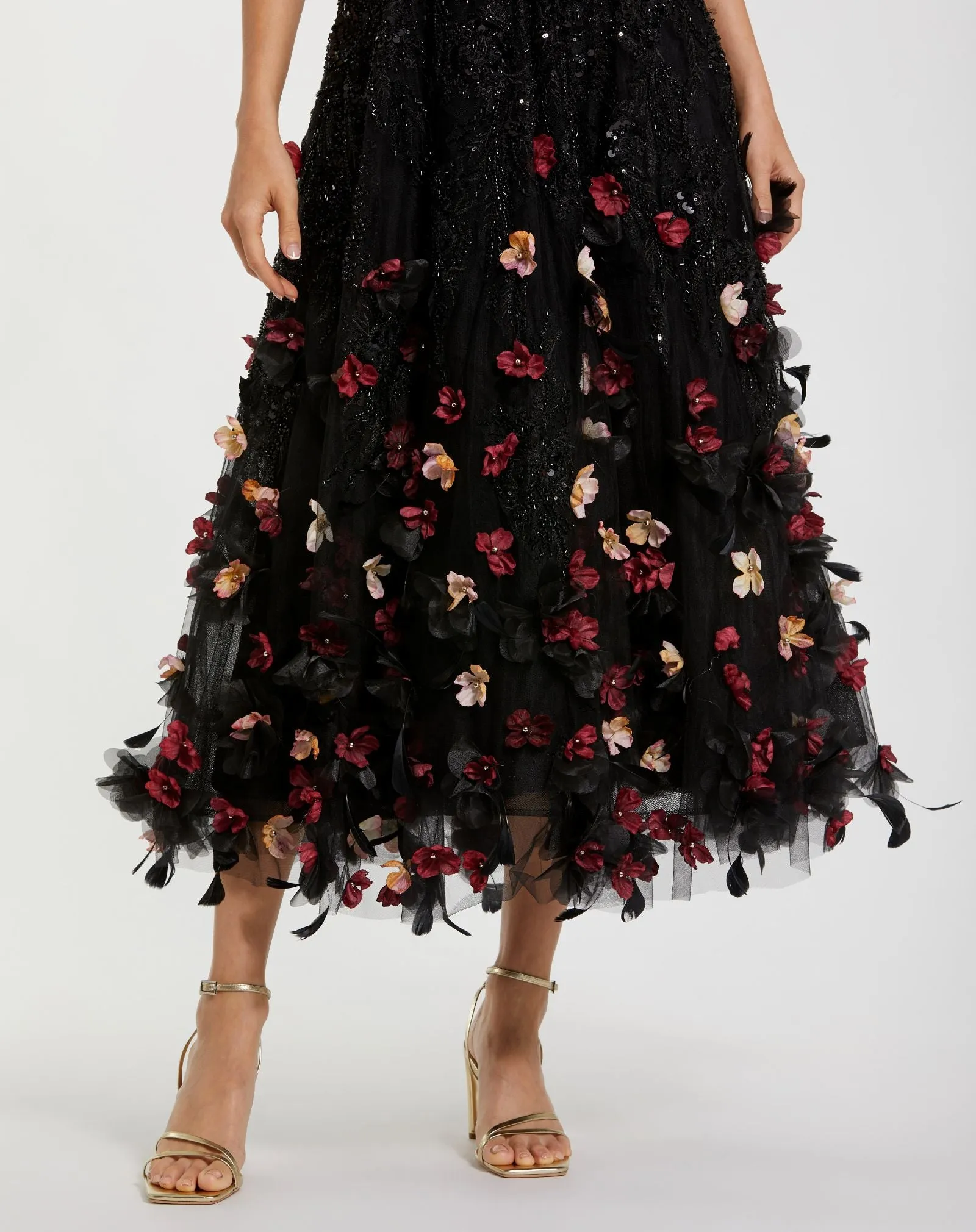 Petite Black Sleeveless Beaded Midi Dress With 3D Flowers sold by Mac Duggal product image thumbnail 5