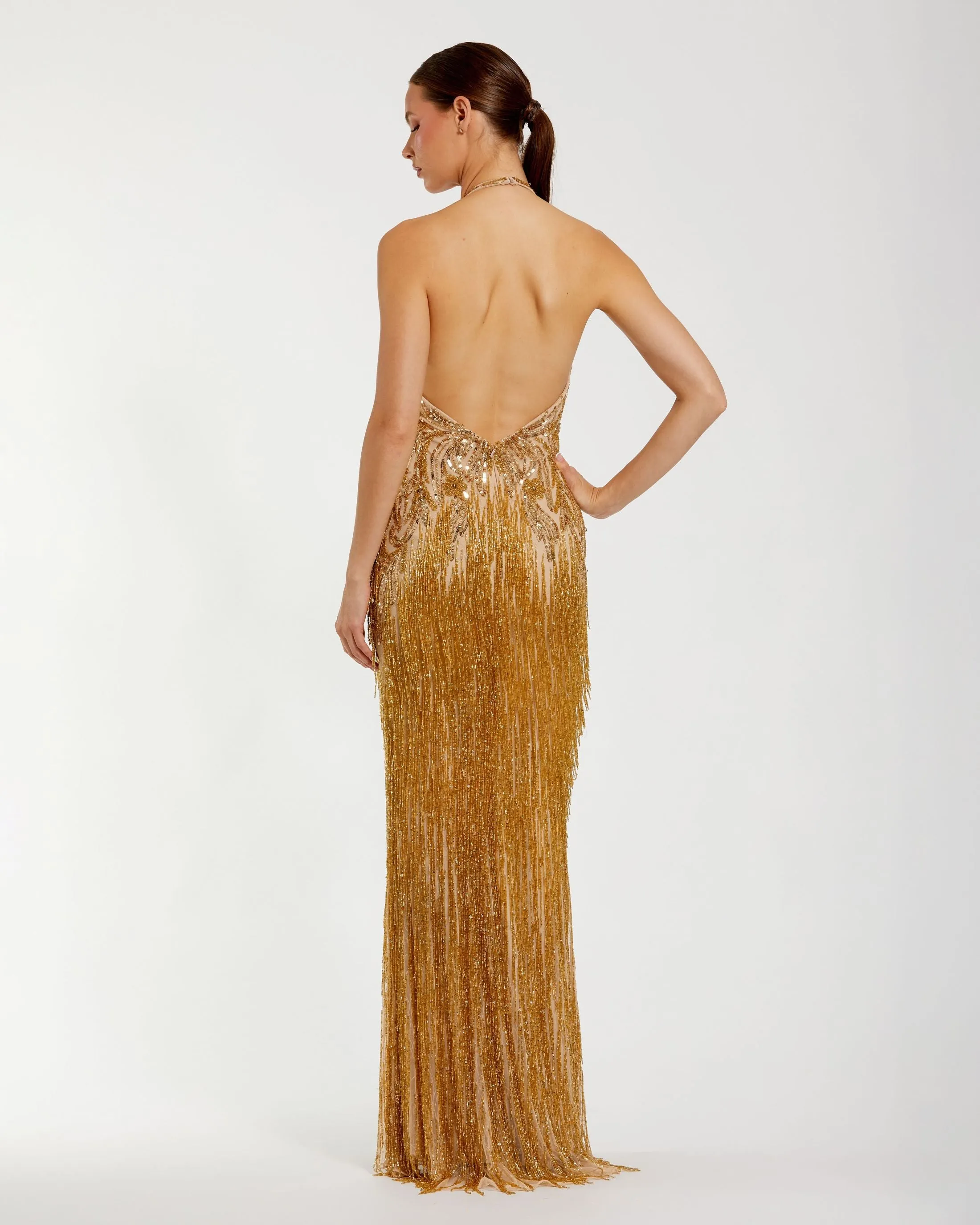Petite Gold Embellished Halter Gown With Beaded Fringe sold by Mac Duggal product image thumbnail 3