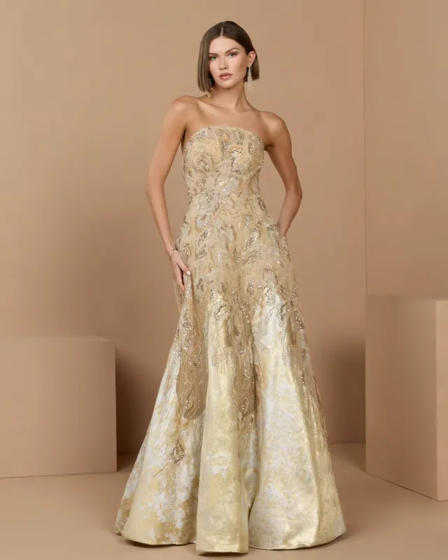Gold Strapless Embellished Brocade A-Line Gown made by Mac Duggal