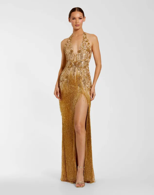 Embellished Halter Gown With Beaded Fringe made by Mac Duggal