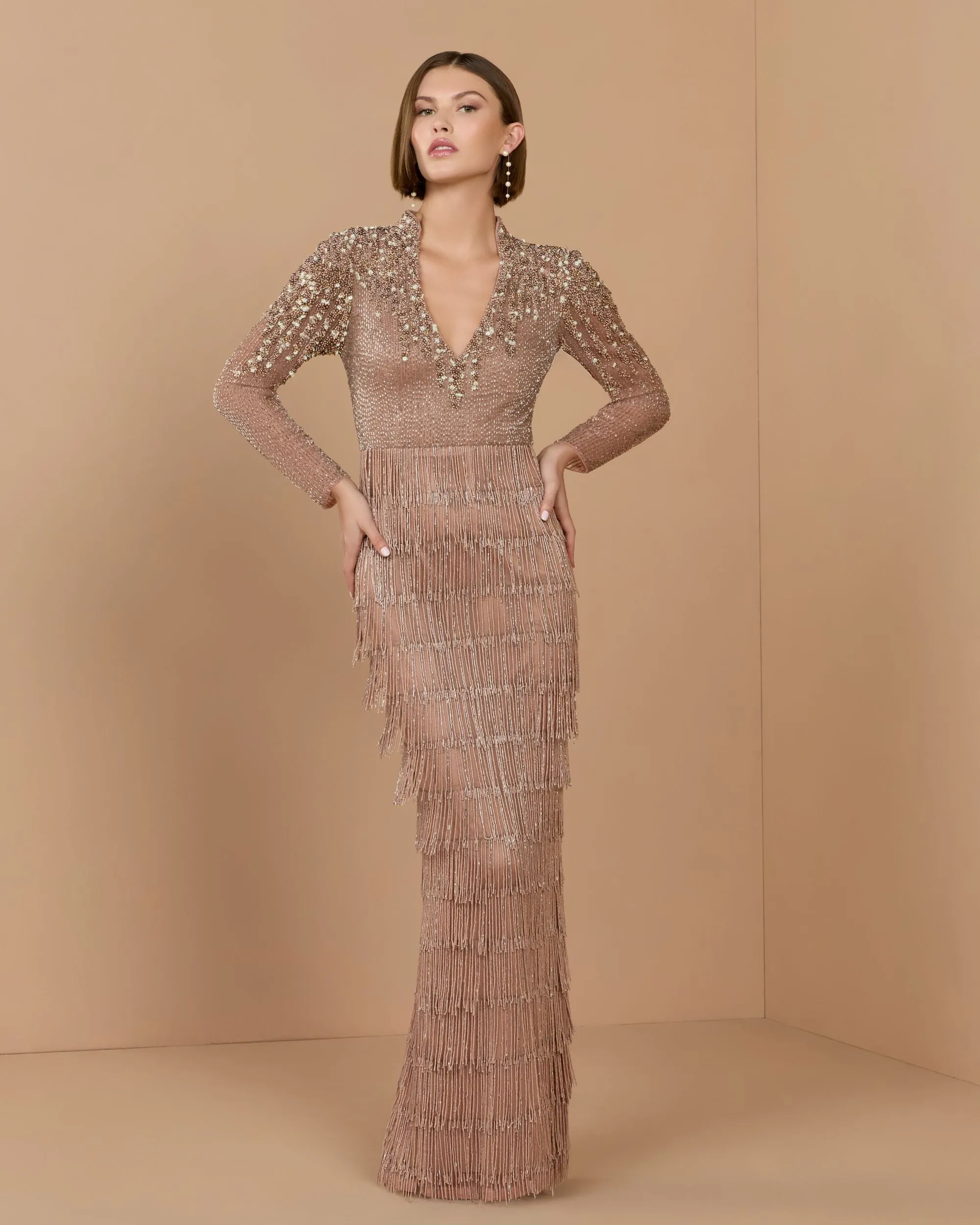 Mocha Hand Beaded Long Sleeve Fringe Column Gown sold by Mac Duggal product image thumbnail 2