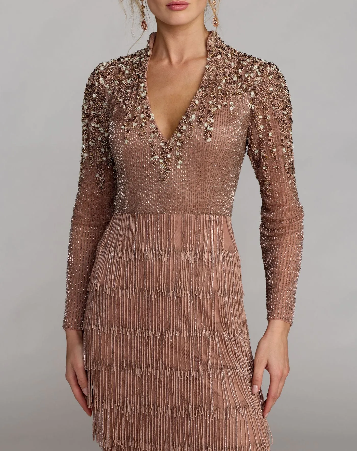 Mocha Hand Beaded Long Sleeve Fringe Column Gown sold by Mac Duggal product image thumbnail 5