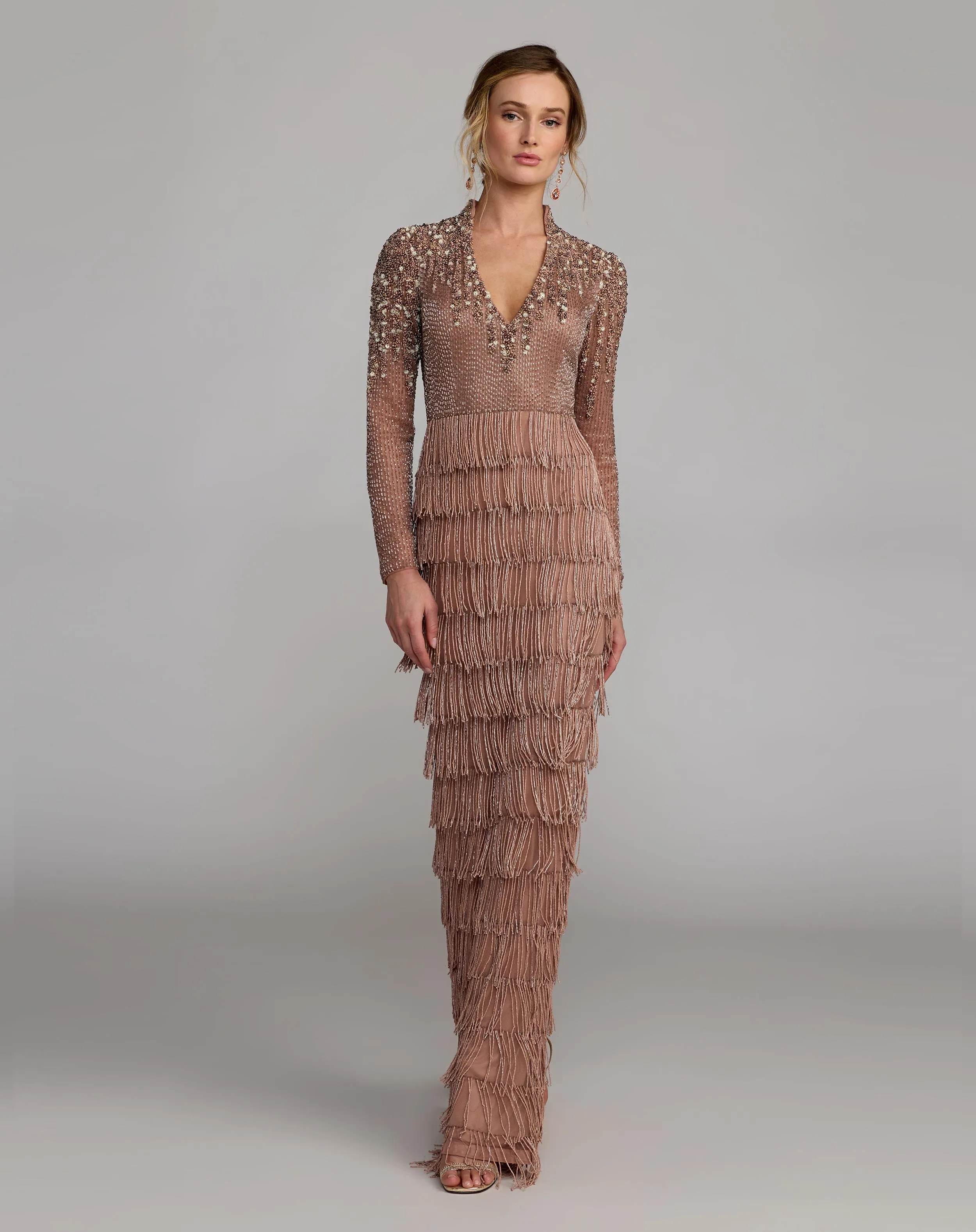 Mocha Hand Beaded Long Sleeve Fringe Column Gown sold by Mac Duggal product image thumbnail 4