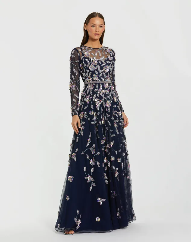 Petite Midnight Multi Floral Embellished Evening Gown made by Mac Duggal