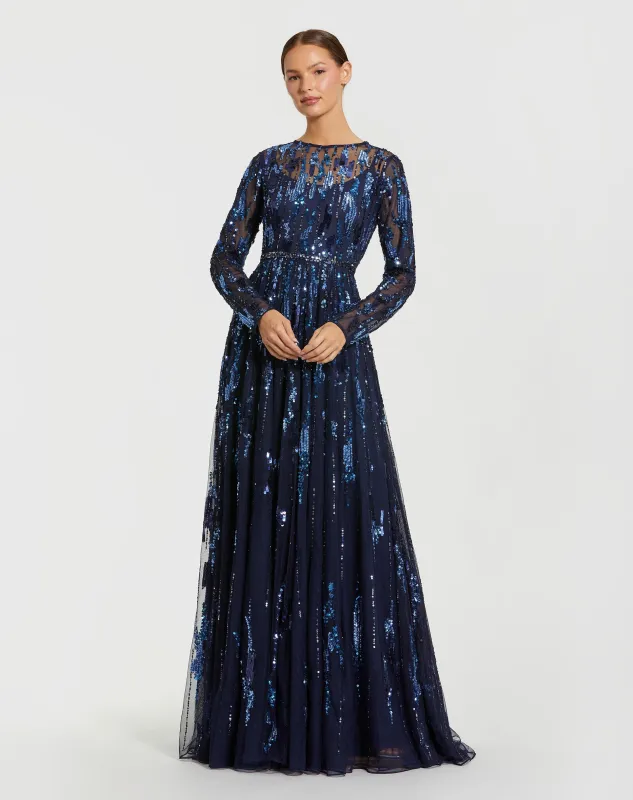 Navy Long Sleeve Sequin Embellished Gown made by Mac Duggal
