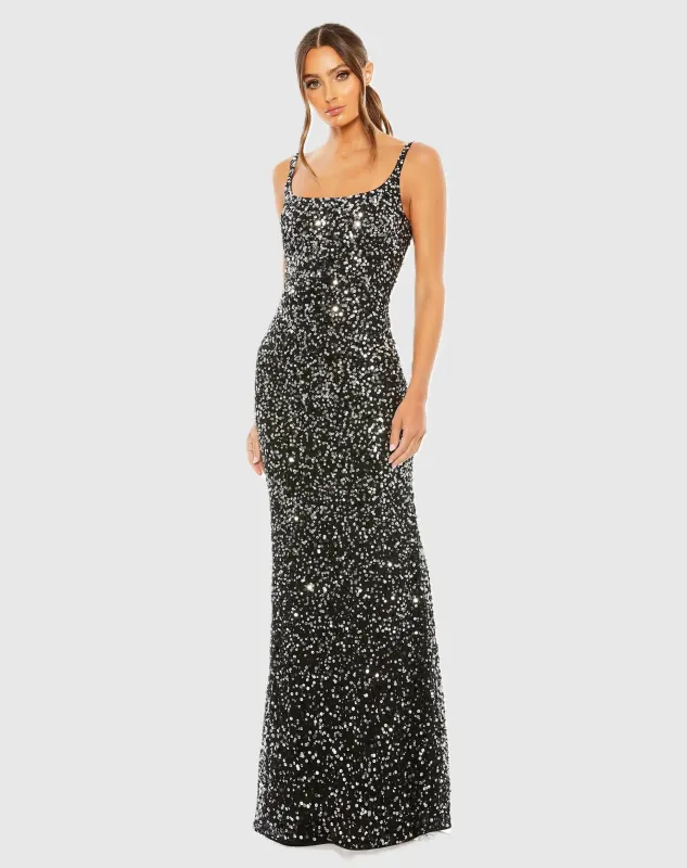 Petite Black Sequined Low Back Slip Gown made by Mac Duggal