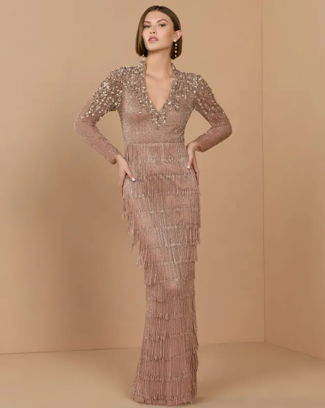 Petite Mocha Hand Beaded Long Sleeve Fringe Column Gown made by Mac Duggal