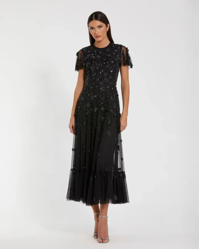 Petite Black Embellished High Neck Cap Sleeve A Line Dress made by Mac Duggal