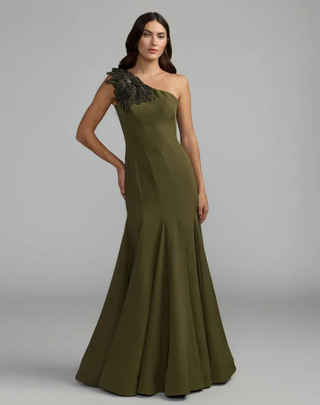 Green Crepe One Shoulder Gown With Crystal Flower made by Mac Duggal