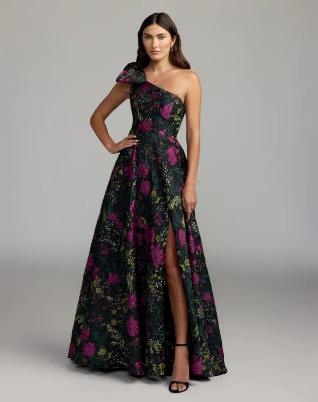 One Shoulder Brocade Floral Gown With Bow made by Mac Duggal