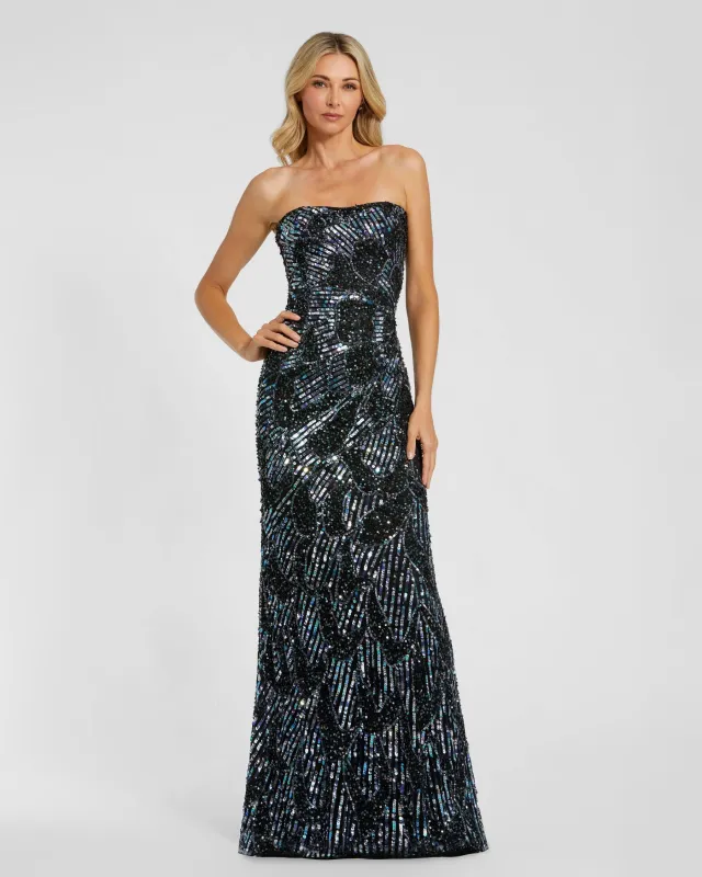 Black Multi Sequin Strapless Column Gown made by Mac Duggal