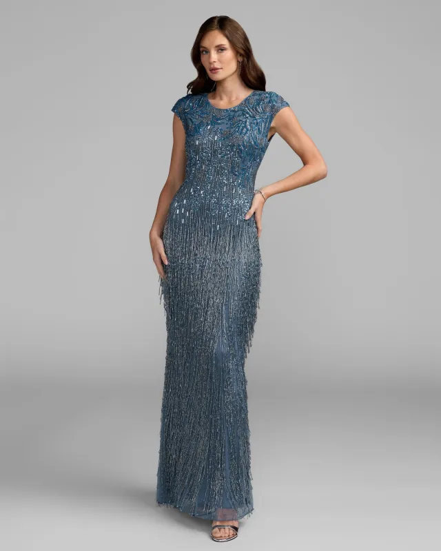 Embellished Cap Sleeve Gown With Fringe Beading made by Mac Duggal