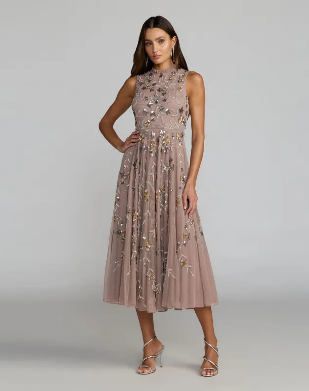 Embellished High Neck Sleeveless Midi Dress made by Mac Duggal