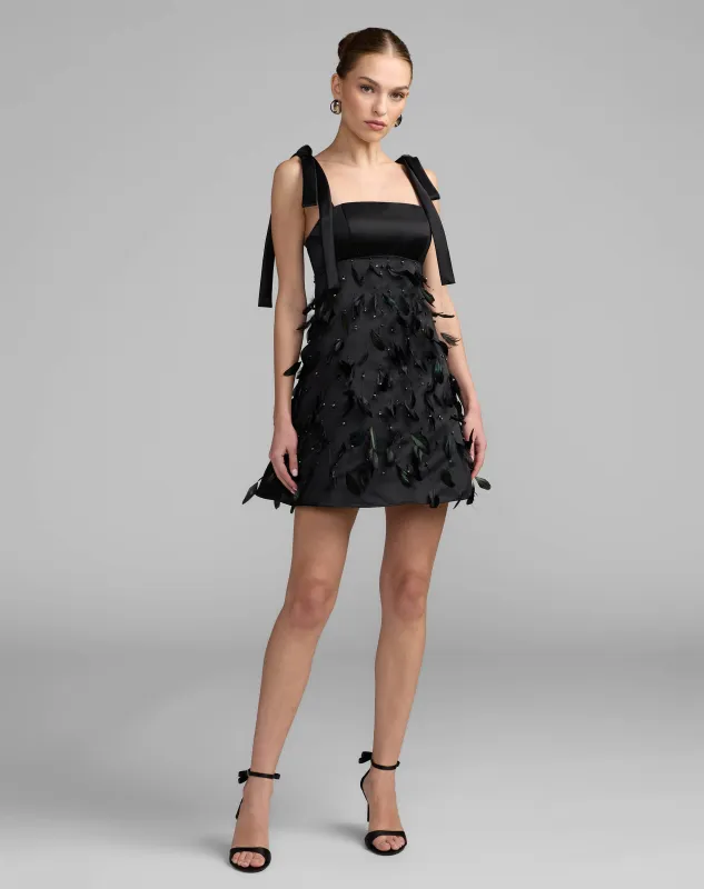 Black Feather Embellished Bow Strap Satin Mini Dress made by Mac Duggal