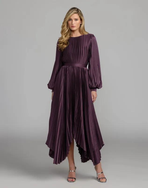 Dark Purple Long Sleeve Pleated Charmeuse Handkerchief Dress made by Mac Duggal
