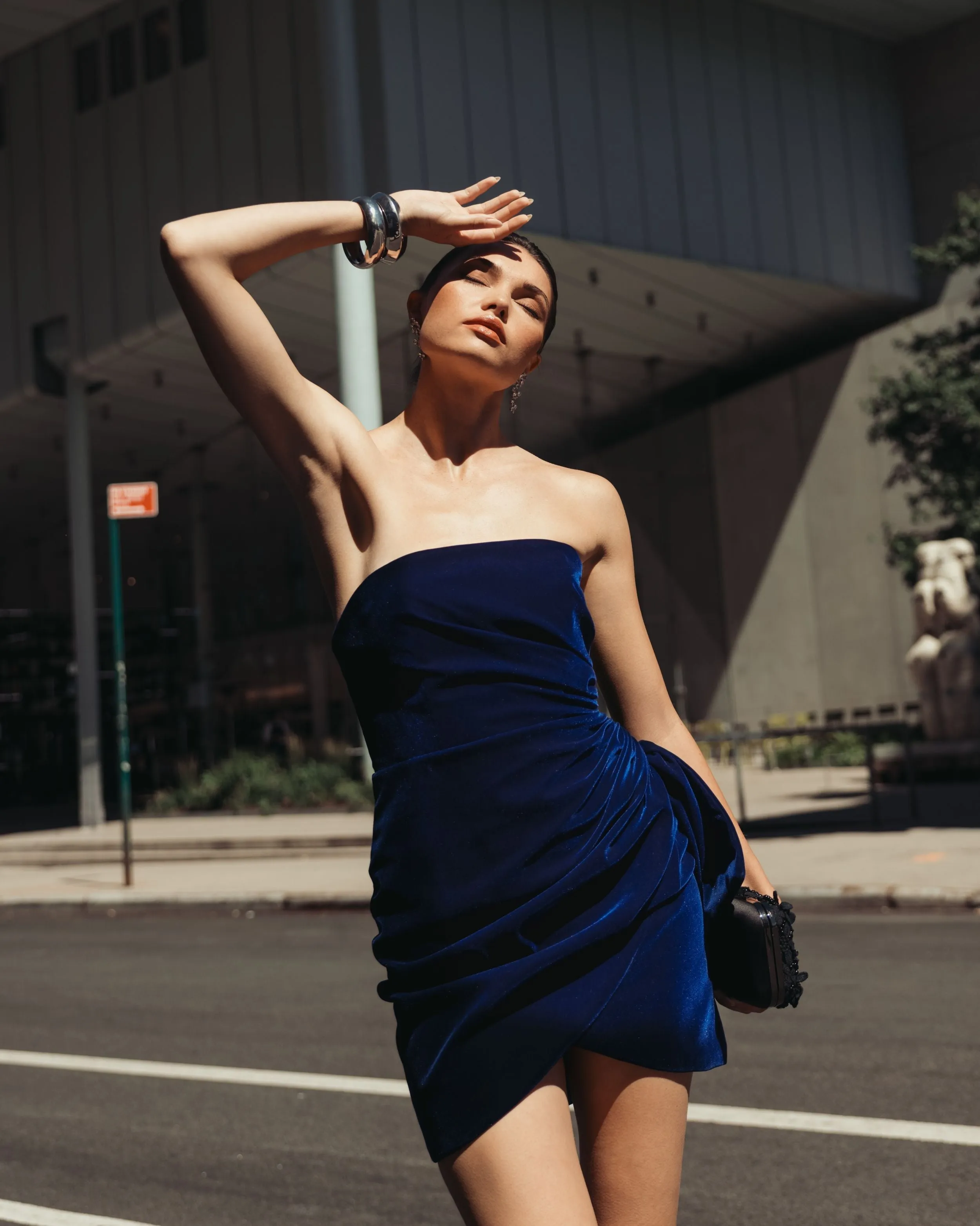 Blue Strapless Velvet Wrap Mini Dress sold by Mac Duggal product image thumbnail 5