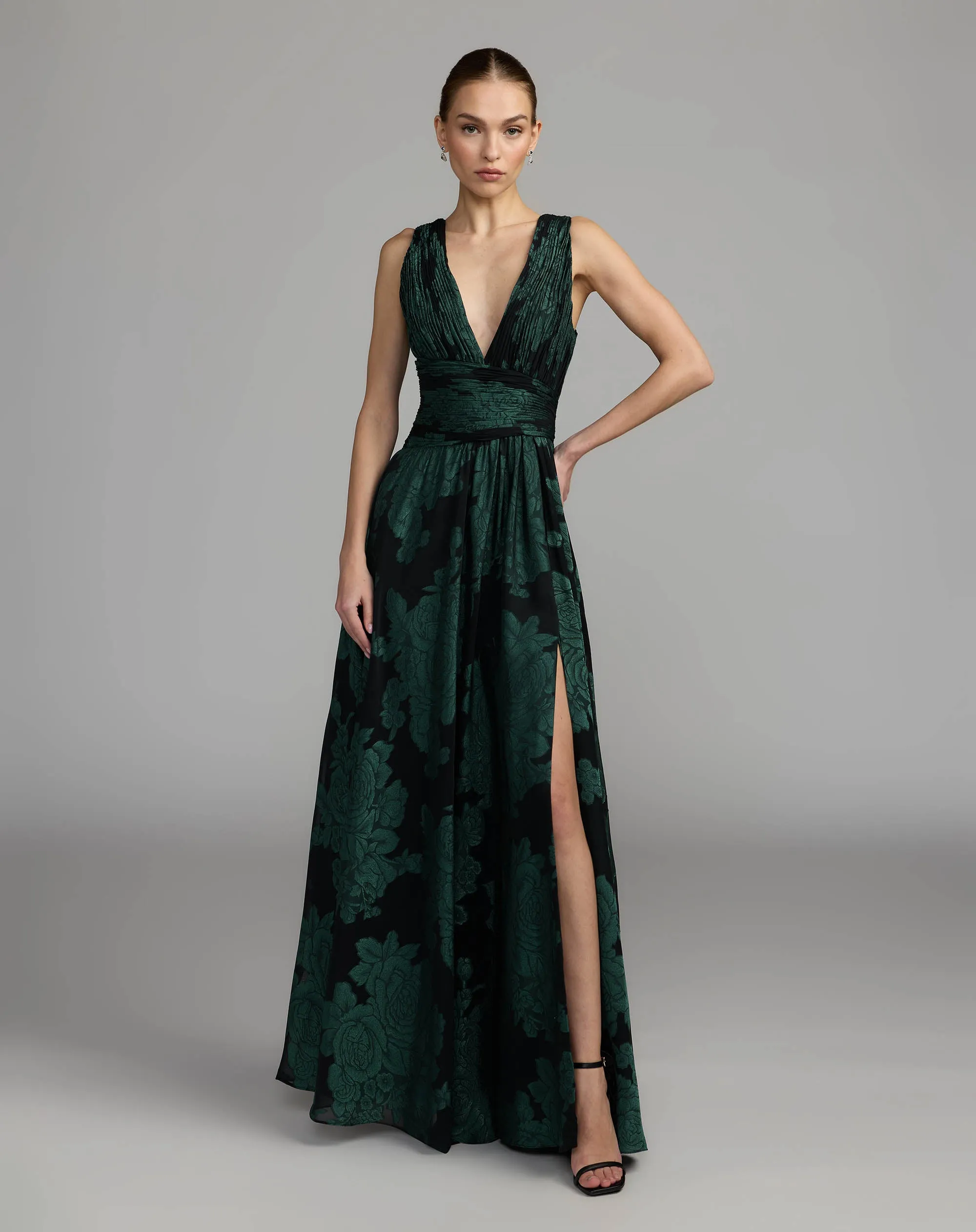 Emerald Multi Floral Sleeveless Plunge Neck Gown sold by Mac Duggal