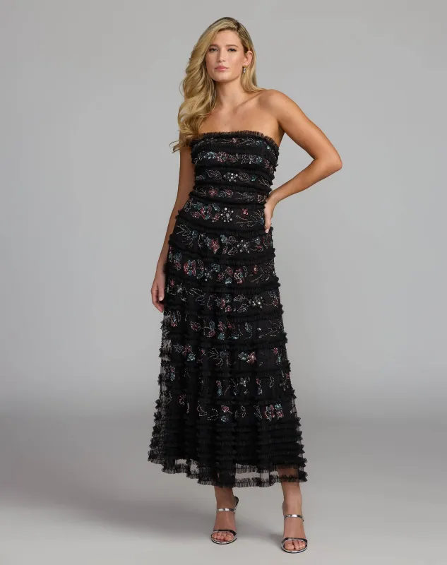 Black Multi Micro Ruffle Embellished Strapless Midi Dress made by Mac Duggal