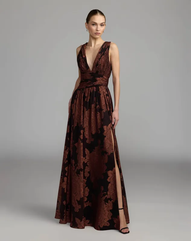 Floral Sleeveless Plunge Neck Gown made by Mac Duggal
