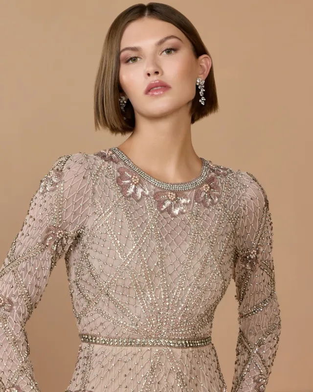 Rose Rhinestone Embellished Long Sleeve A-Line Gown made by Mac Duggal