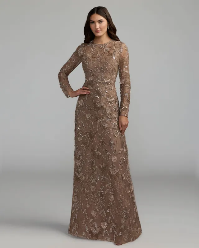 Brown Long Sleeve Floral Embellished Lace Gown made by Mac Duggal