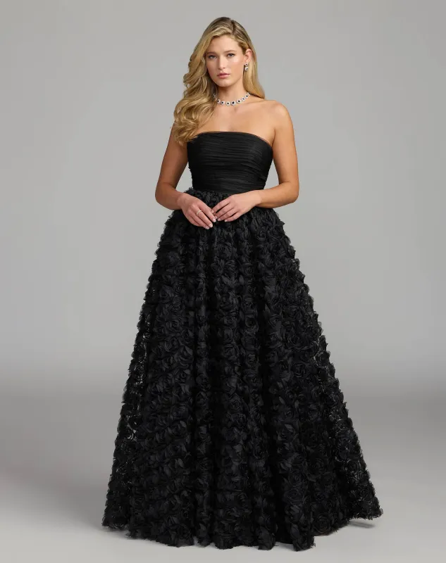 Black Strapless 3D Rosette Ball Gown made by Mac Duggal