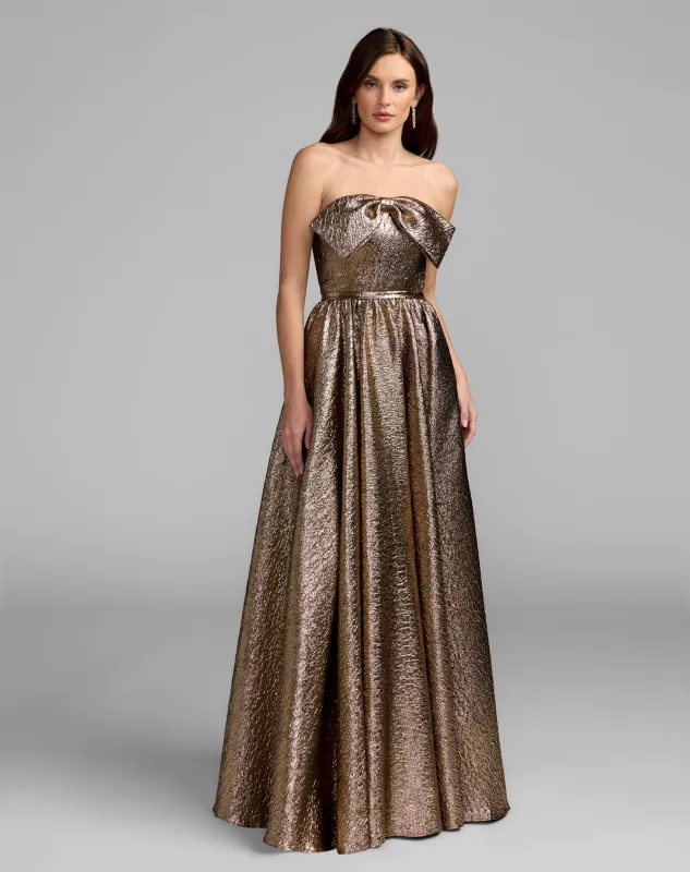 Antique Bronze Metallic Strapless Gown With Bow made by Mac Duggal