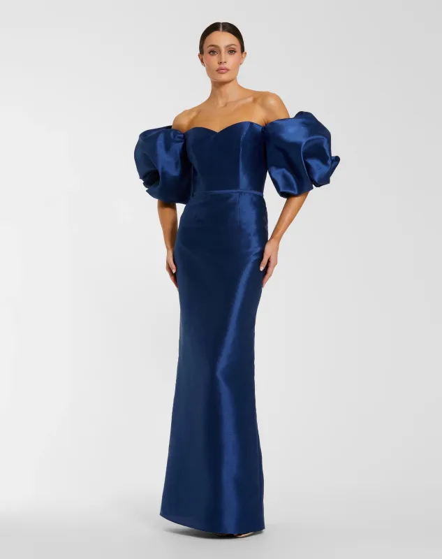 Blue Off The Shoulder Puff Sleeve Satin Evening Gown made by Mac Duggal