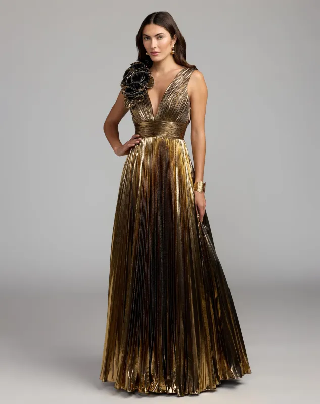 Gold Sleeveless Metallic V-Neck Gown With Ruffle Detail made by Mac Duggal