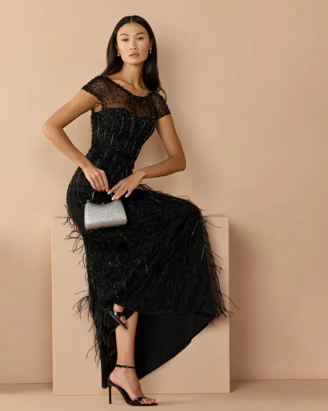 Rhinestone Embellished Illusion Neck Feather Gown made by Mac Duggal