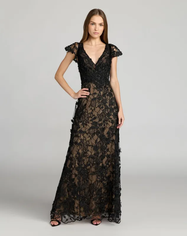Black Flutter Sleeve Lace Embellished Wrap Evening Gown made by Mac Duggal