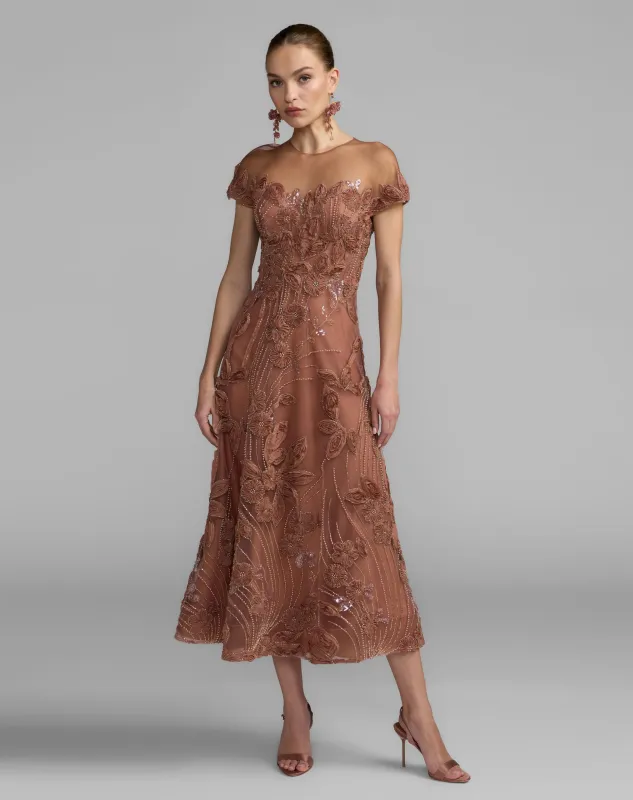 Brown Embellished Lace Illusion Cocktail Dress made by Mac Duggal