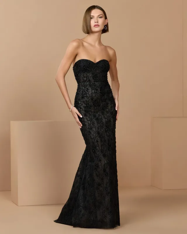 Black Embellished Strapless Bustier Gown With Sweeping Train made by Mac Duggal