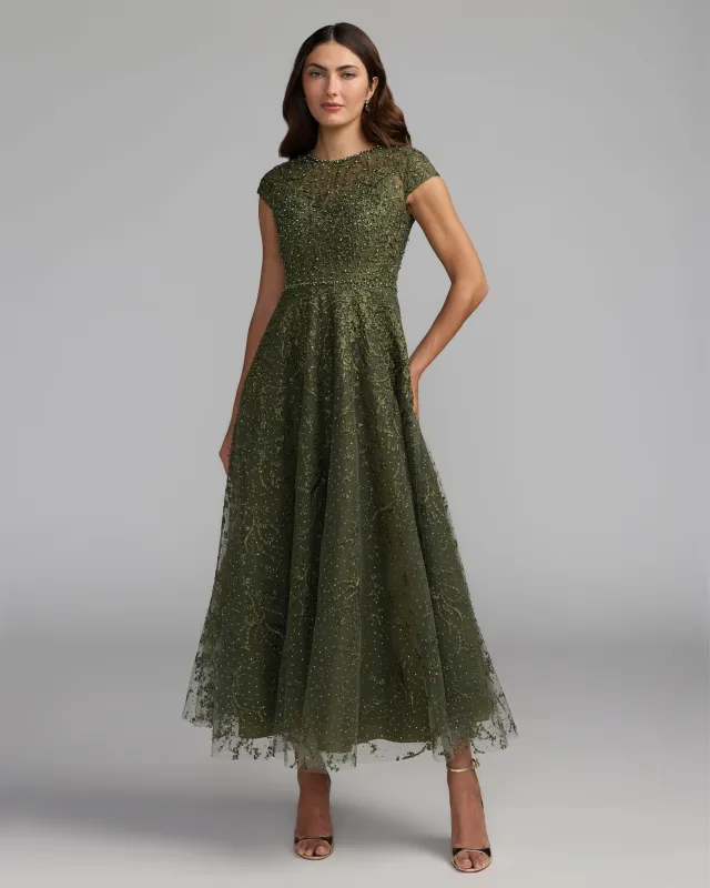 Deep Green Embroidered Tulle Midi Dress made by Mac Duggal