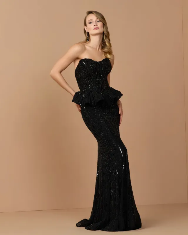 Black Strapless Embellished Peplum Gown made by Mac Duggal