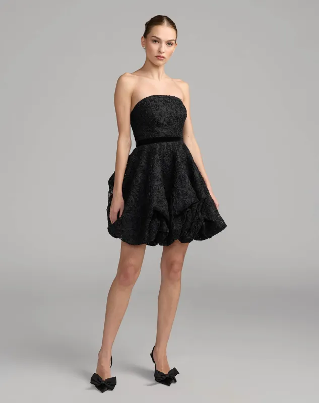 Black Strapless Bubble Hem Mini Dress made by Mac Duggal