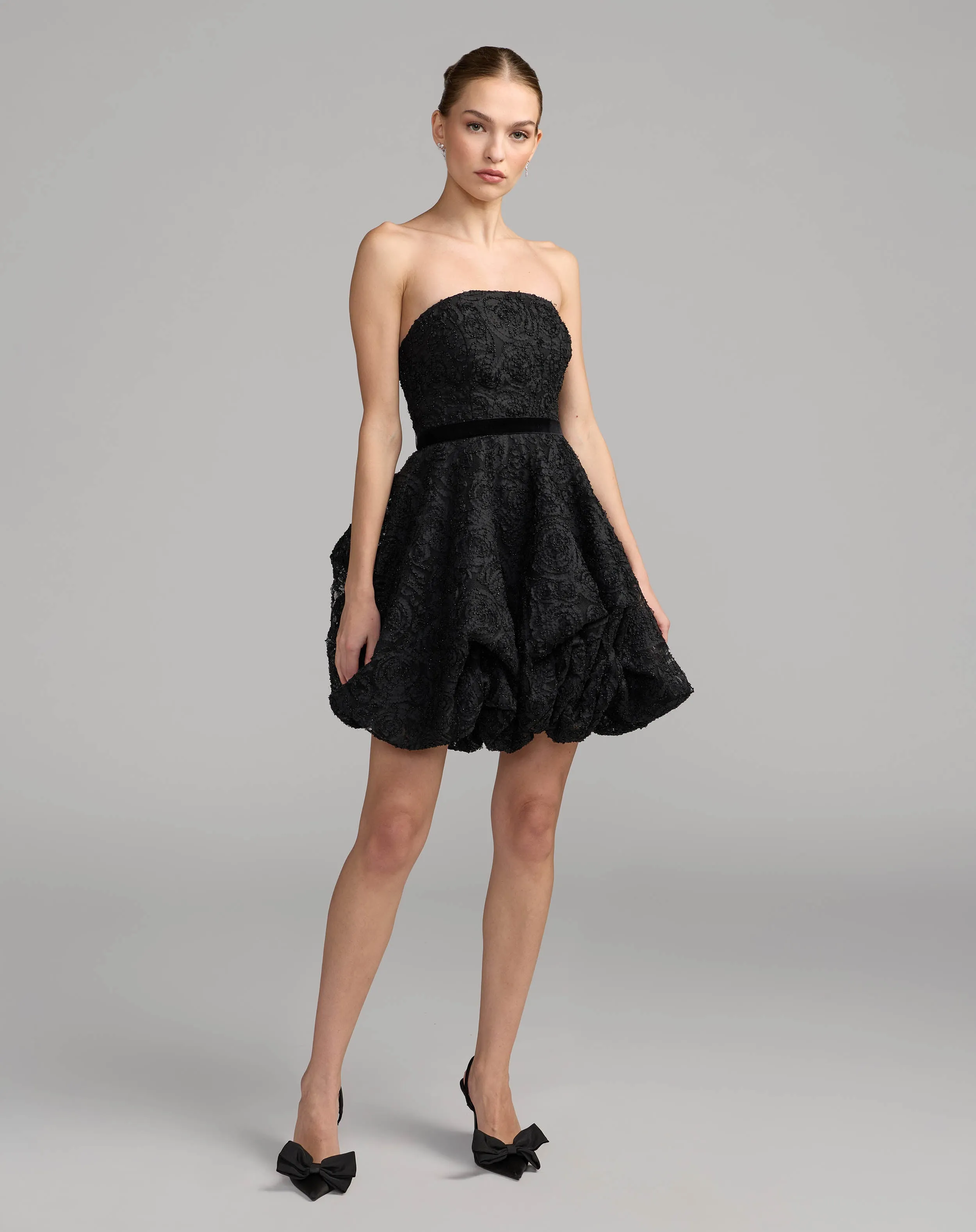 Black Strapless Textured Bubble Hem Mini Dress sold by Mac Duggal