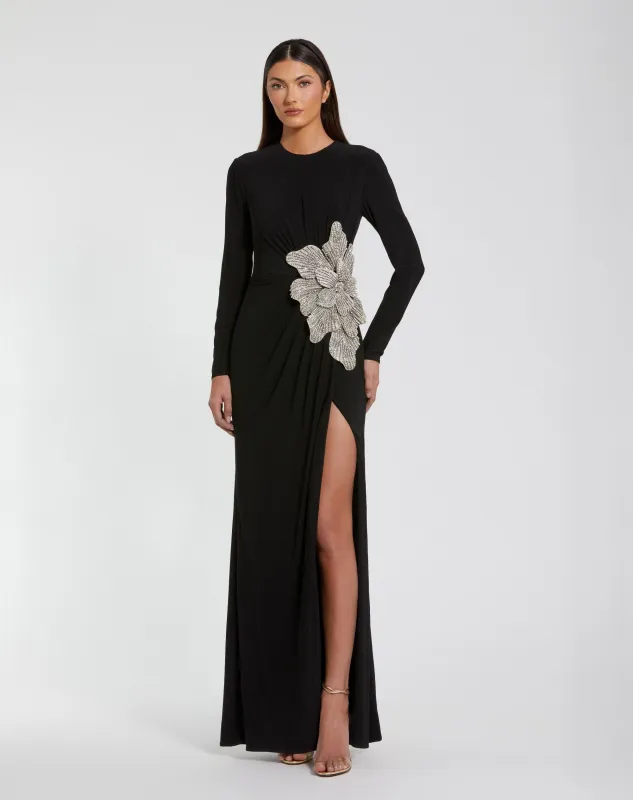 Petite Black Long Sleeve Jersey Gown With Embellished Flower made by Mac Duggal