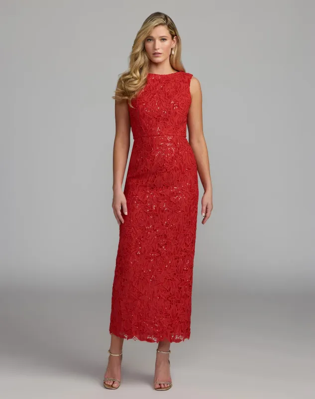 Red Sleeveless Embroidered Lace Midi Dress made by Mac Duggal