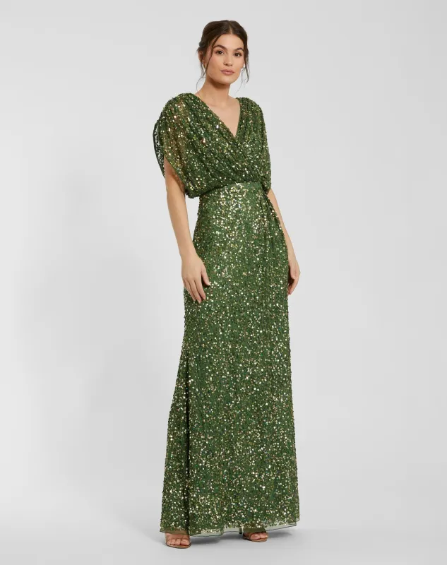 Sage Sequin Draped Sleeve V-Neck Gown made by Mac Duggal