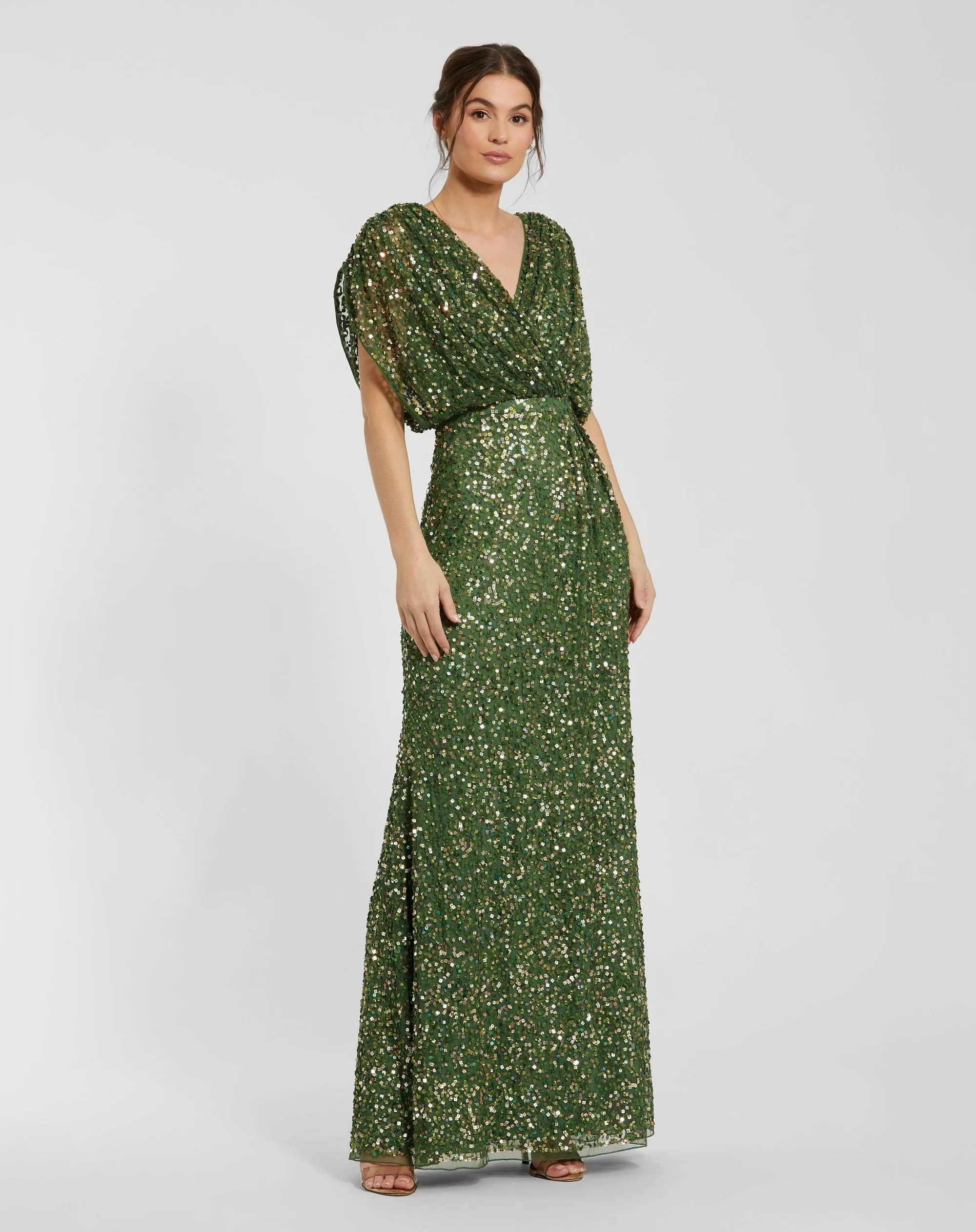Sage Sequin Draped Sleeve V-Neck Gown sold by Mac Duggal