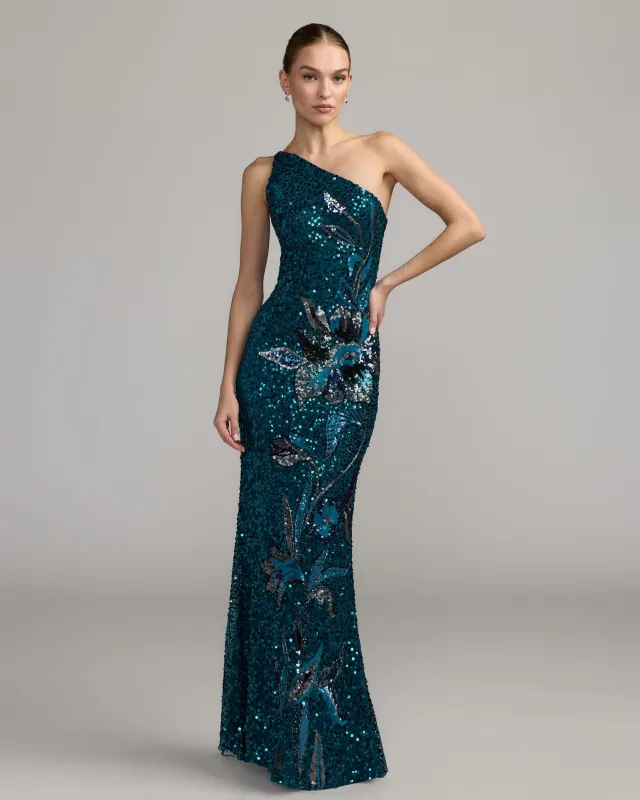 Floral Sequin One Shoulder Gown made by Mac Duggal