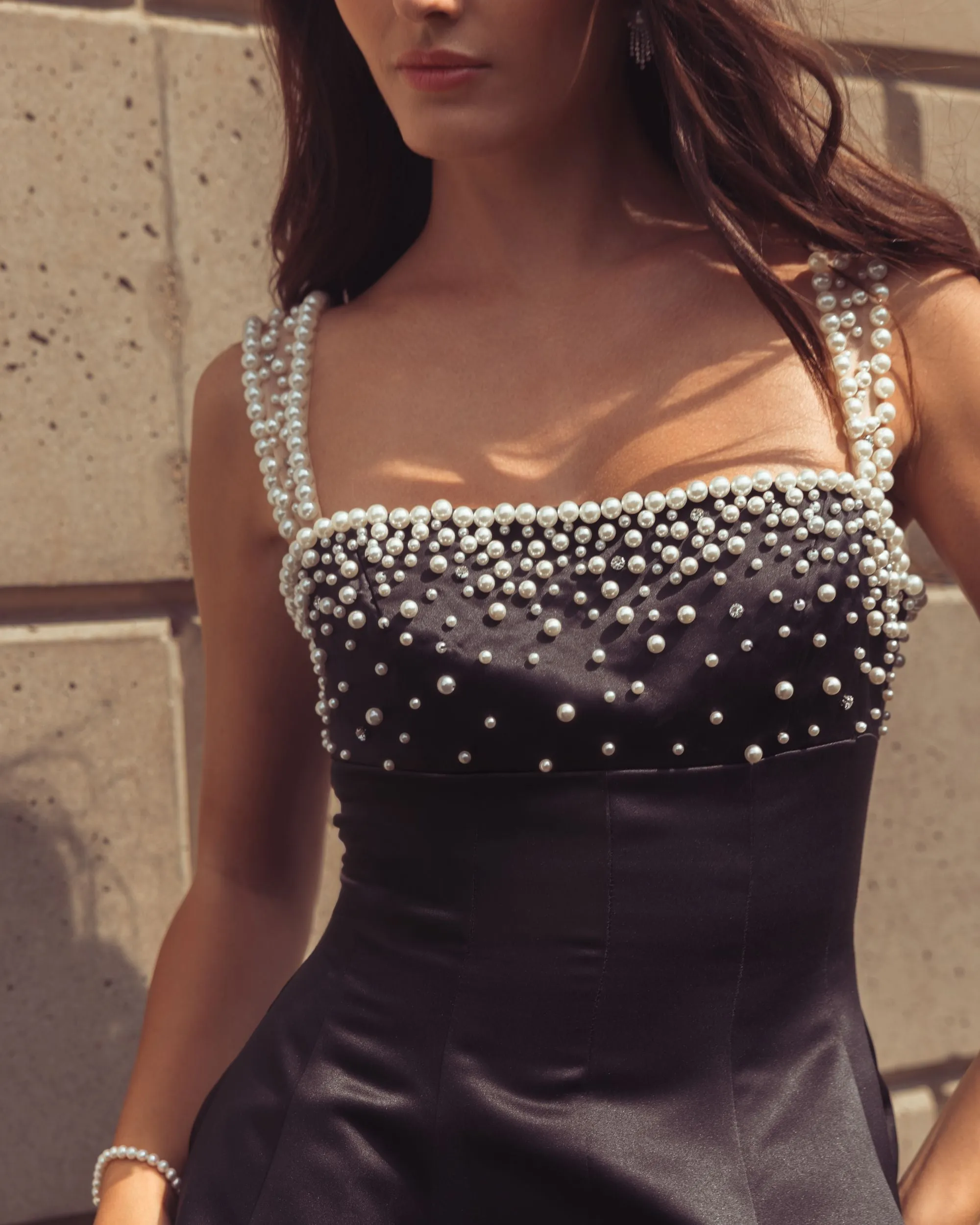 Black Pearl Embellished Satin Mini Dress sold by Mac Duggal product image thumbnail 5