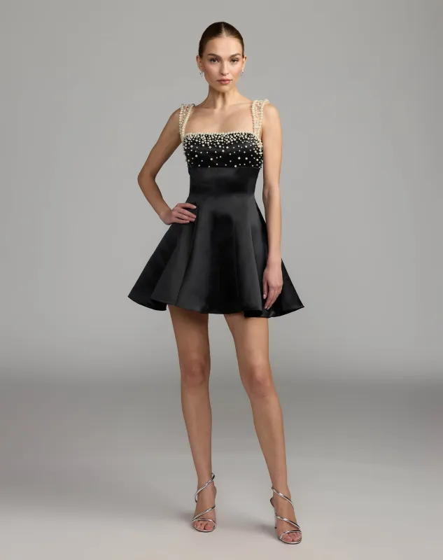 Black Pearl Embellished Satin Mini Dress made by Mac Duggal