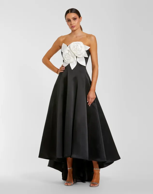 Black Ivory Strapless Satin High Low Gown With 3D Flowers made by Mac Duggal